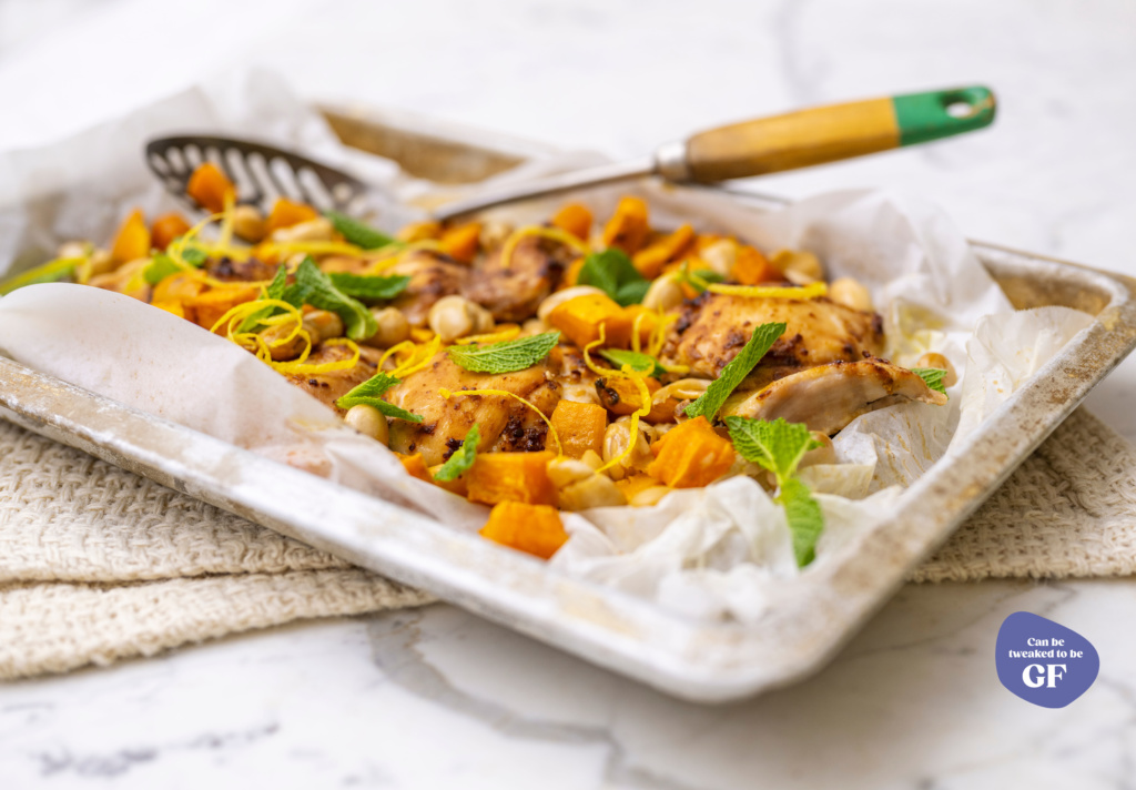 Miso chicken tray bake with white beans and sweet potato | Nutrition Connection